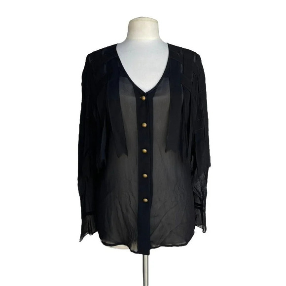 DINA BAR EL Women’s Size S Black Fringes Woven Details Crepe Georgette Blouse - Picture 1 of 2